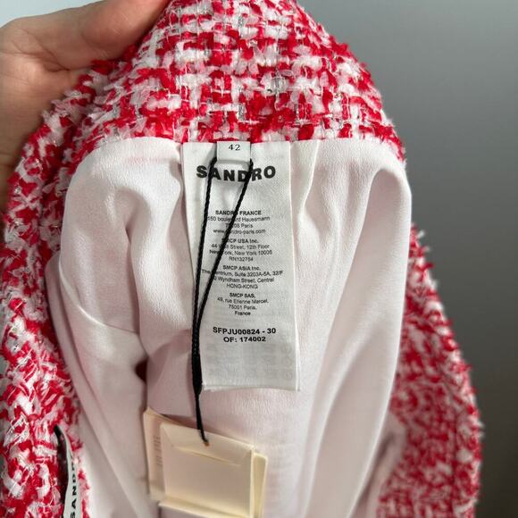 Sandro Paris Red White Tweed Mini Skirt FR 42 US 10 Bouclé Holiday Workwear - Picture 11 of 11